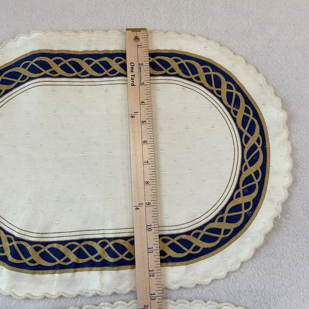 Lenox Hamilton Oval Placemats Cloth Set Of 2 Ivory Gold Navy Blue Vintage Lot #5